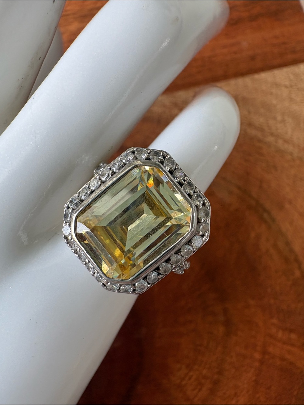 Yellow Emerald-Cut Sterling Silver Cocktail Ring with Clear Stones - Size 4.75